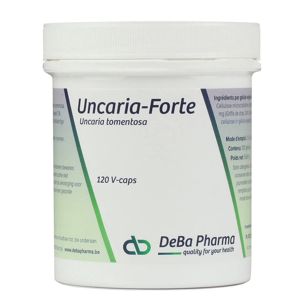 Weiße Dose mit Aufschrift Uncaria-Forte, 120 V-caps und DeBa Pharma Logo. Grün-weiße Etikettierung.