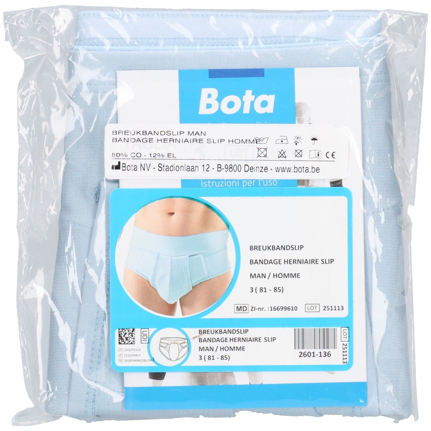 Bota Bruchbandhose Herren Gr. 3, hellblau, in Verpackung. Produktinformationen und Illustrationen auf der Verpackung.