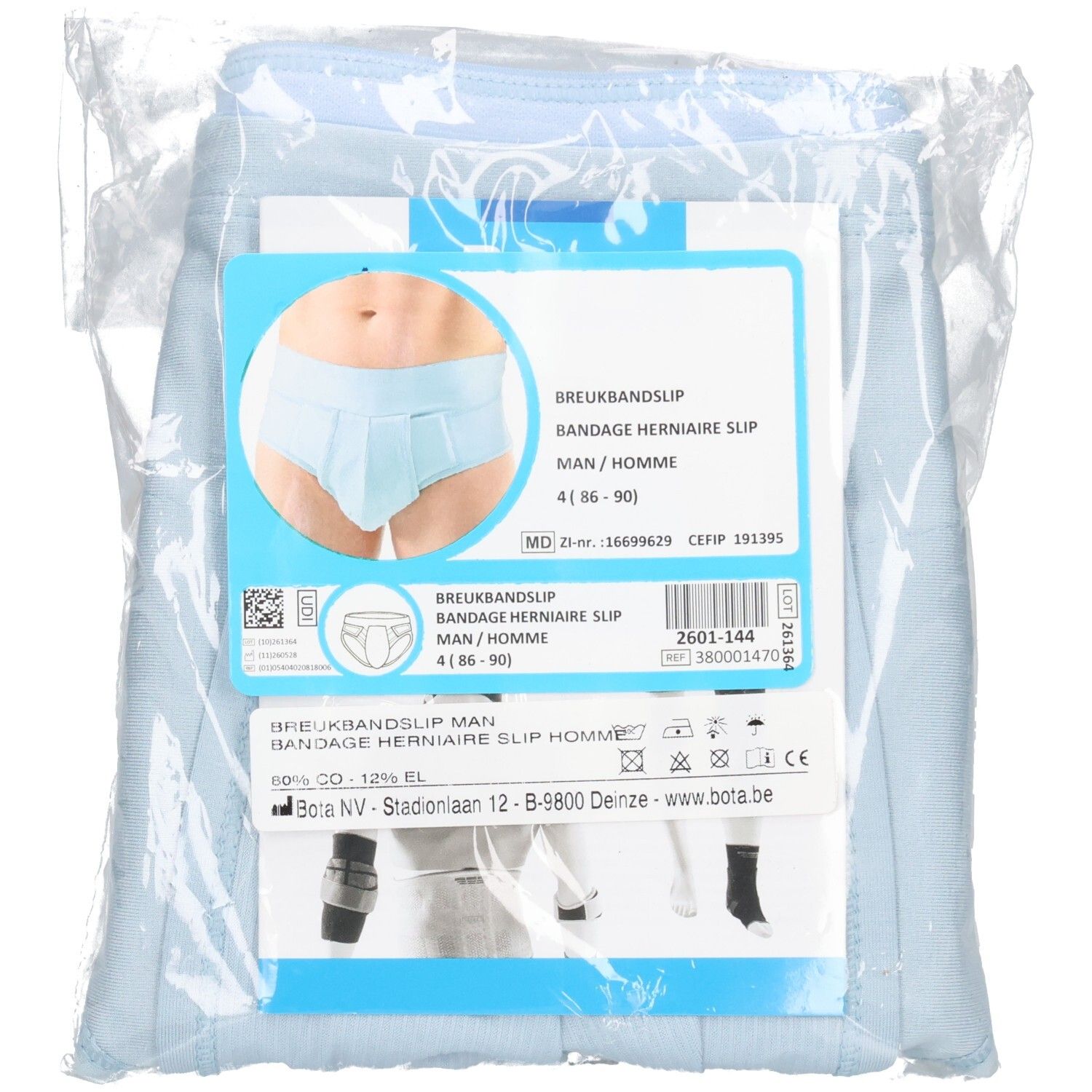 Verpackung eines blauen Herren-Hernien-Slips mit Produktinformationen.