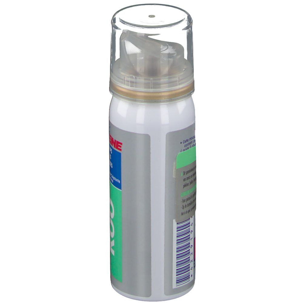 Spraydose mit Sprühkopf. Aufschrift: KOO. Rückseite mit Text und Barcode. Farbgebung: Weiß, Blau, Grün.