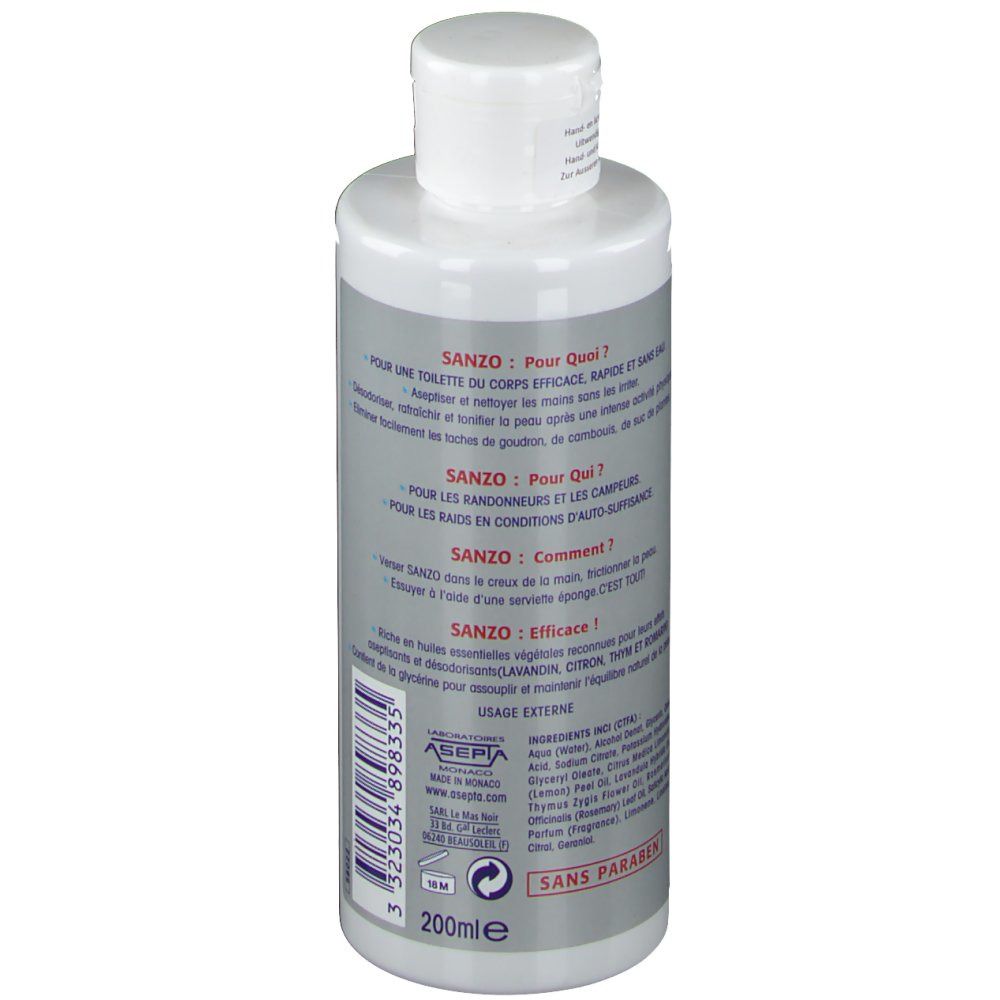 Flacon avec bouchon blanc. Dos avec texte. Nom du produit: SPORTS AKILEINE SANZO Hand and Body Lotion. 200ml.