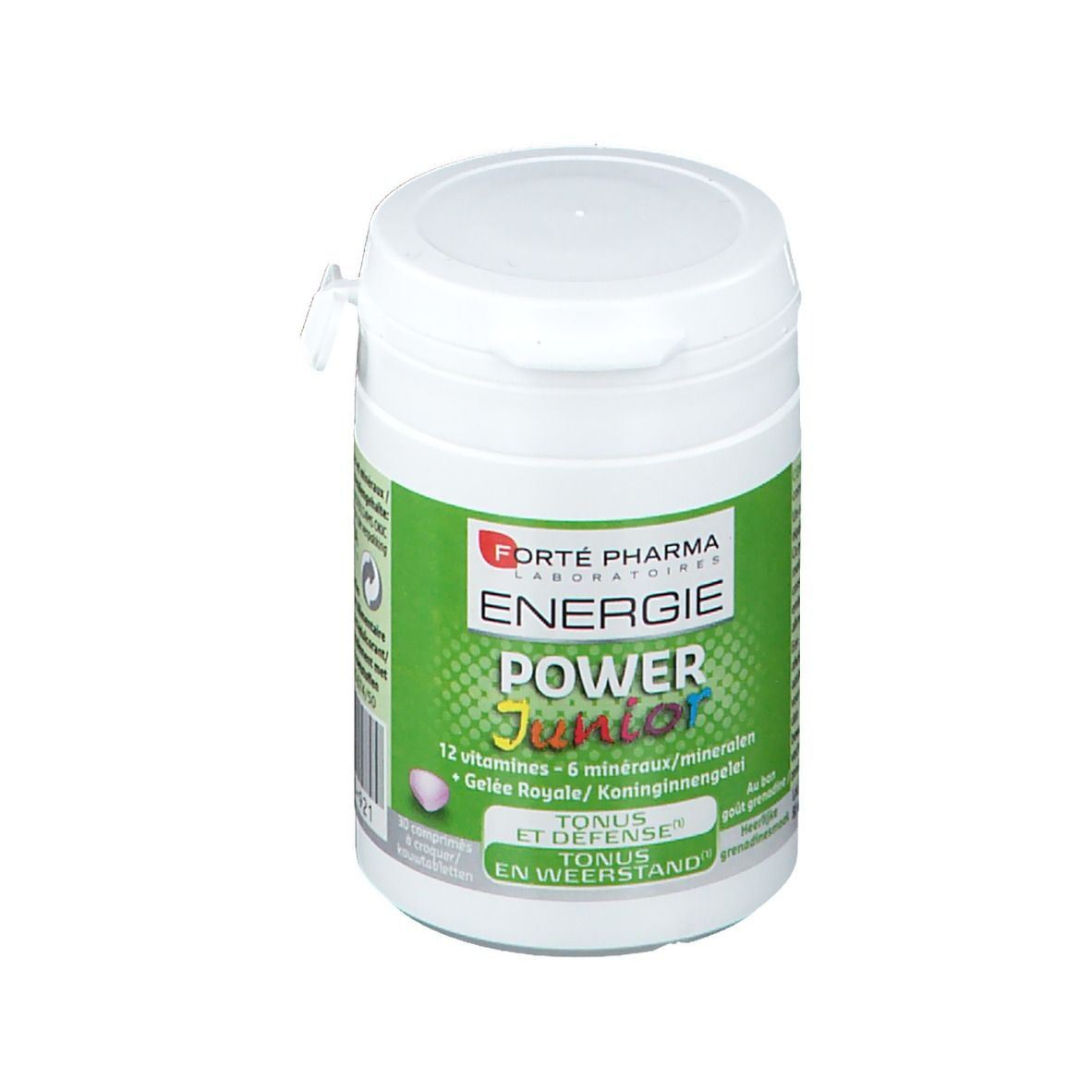 Boîte blanche avec étiquette verte. Texte: Energie Power Junior, 12 vitamines, 6 minéraux, Gelée Royale. Couvercle avec fermeture.
