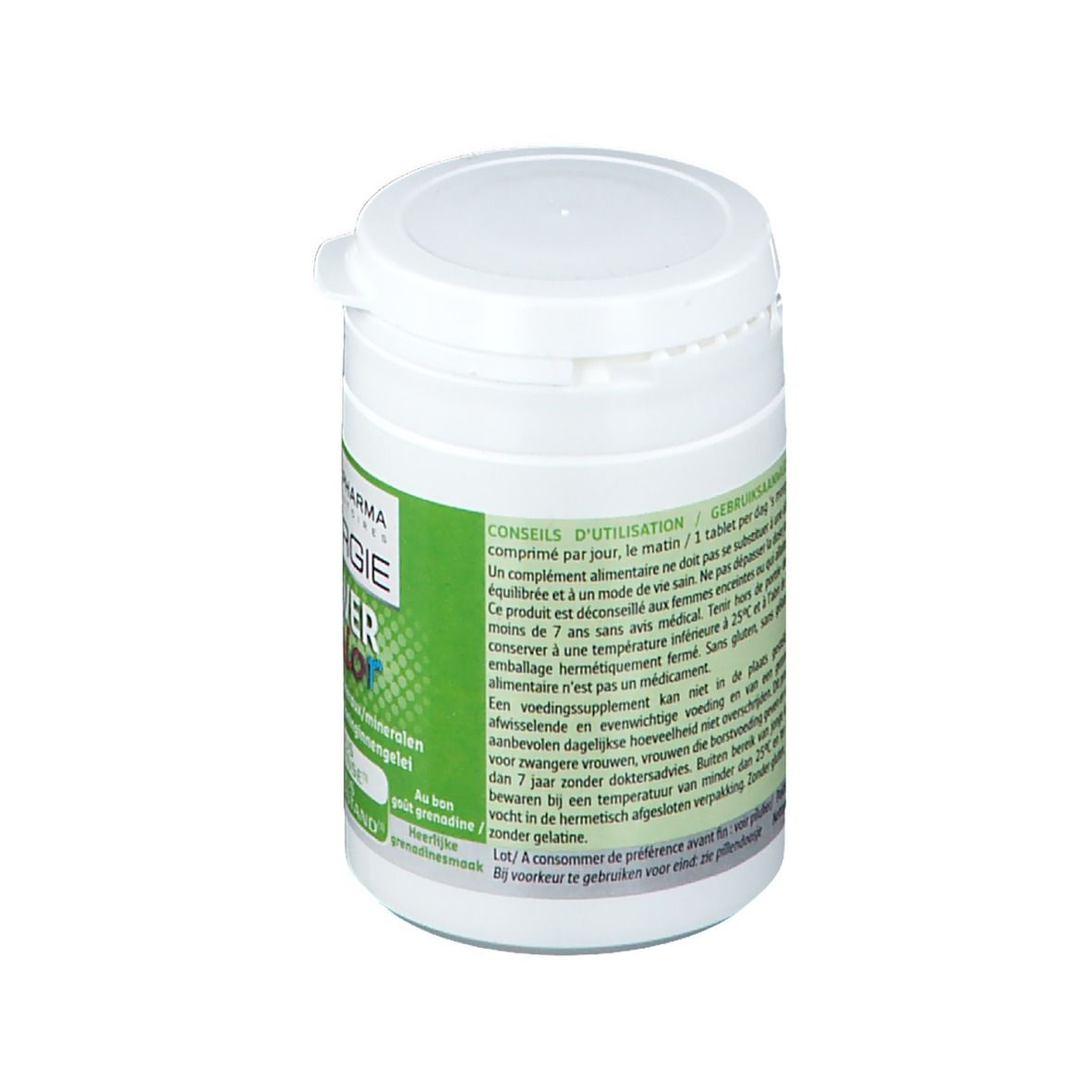 Boîte blanche avec étiquette verte. Texte: Energie Power Junior. Inscriptions avec mode d'emploi et ingrédients.