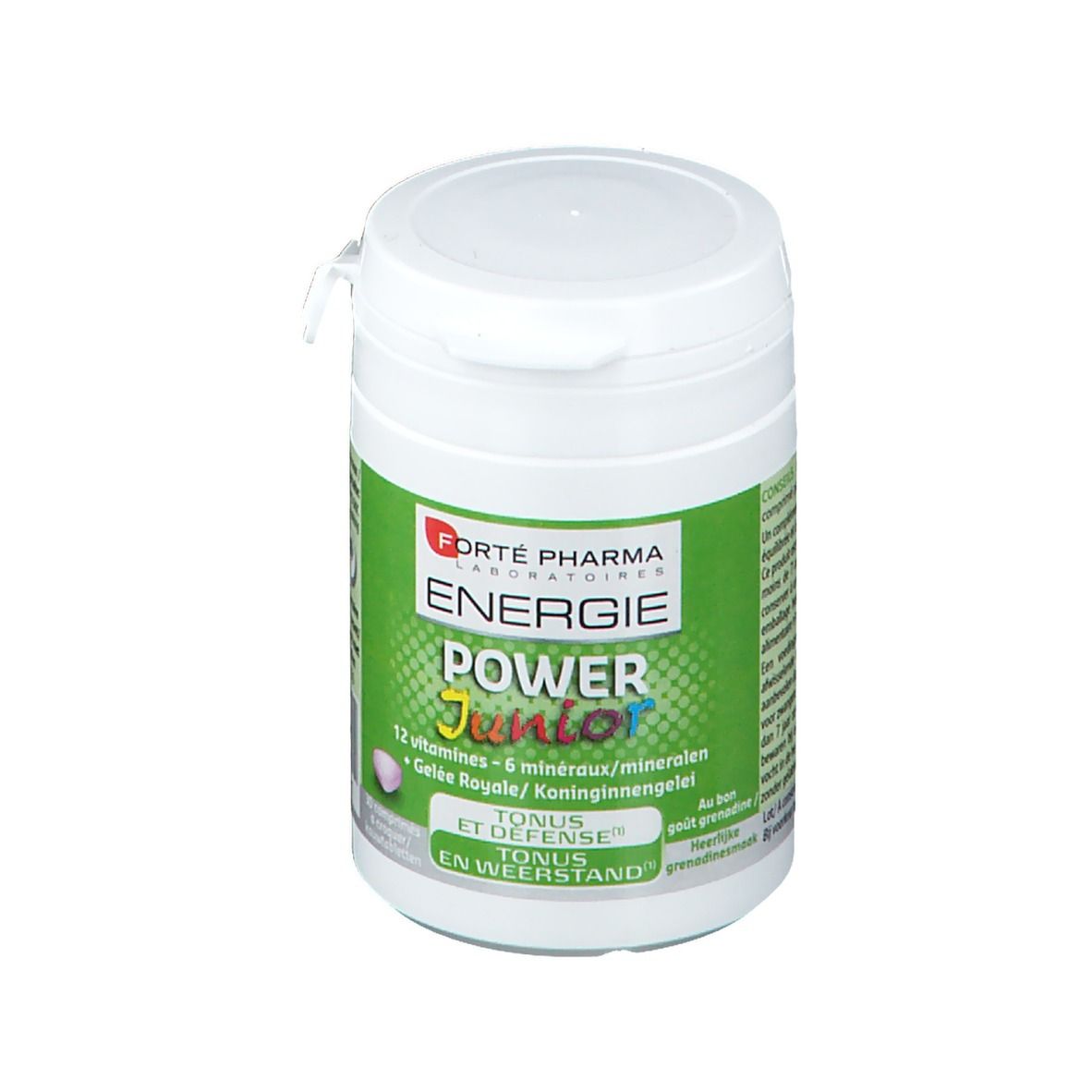 Boîte blanche avec étiquette verte. Texte: Energie Power Junior, 12 vitamines, 6 minéraux, Gelée Royale. Couvercle avec fermeture.