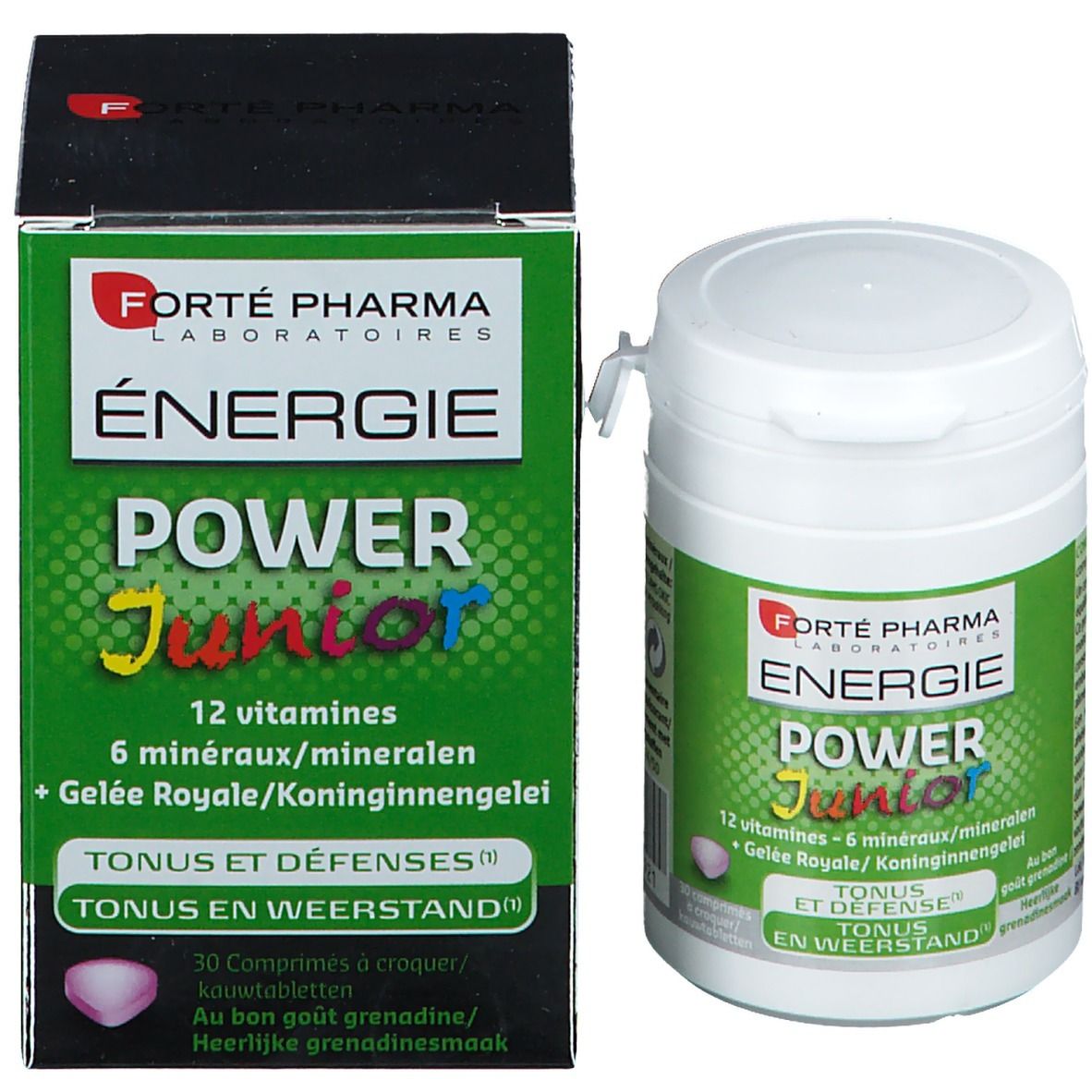 Emballage et boîte. Texte: Energie Power Junior, 12 vitamines, 6 minéraux, Gelée Royale. Boîte avec couvercle.