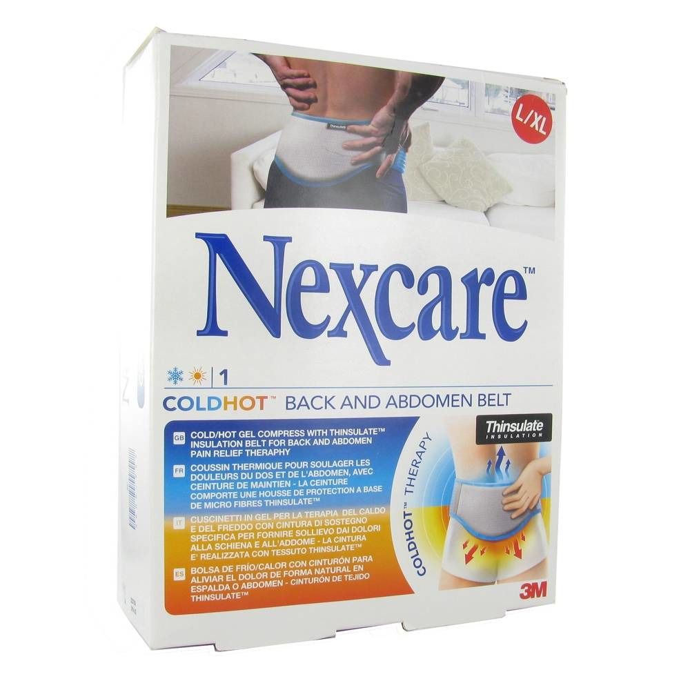 Verpackung der 3M™ Nexcare™ ColdHot™ Rücken- und Bauchgürtel Gr. L-XL. Zeigt das Produkt und eine Illustration der Anwendung.