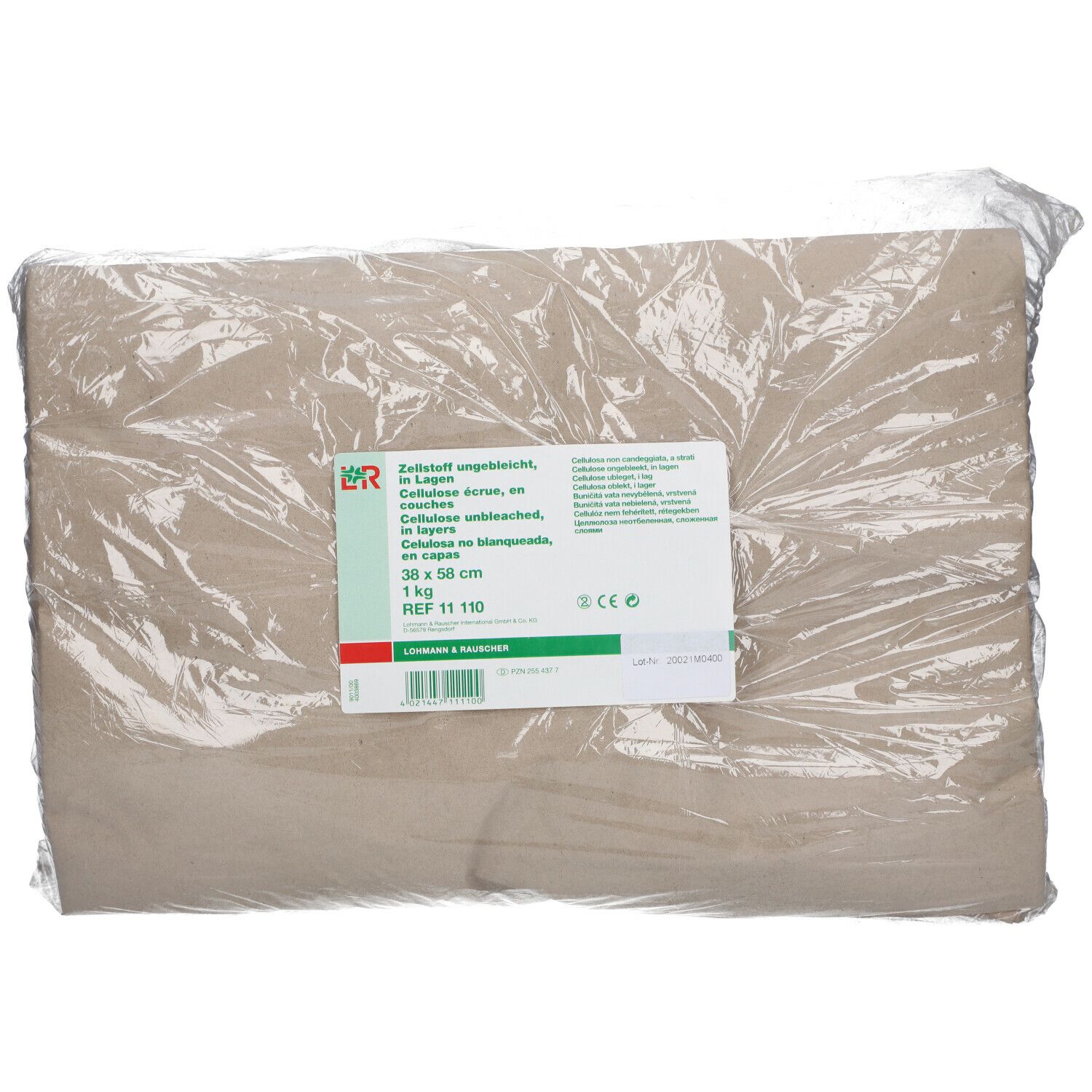 Zellstoff Watte, ungebleicht, in Folie verpackt. Aufkleber mit Produktinformationen: 38 x 58 cm, REF 11 110.