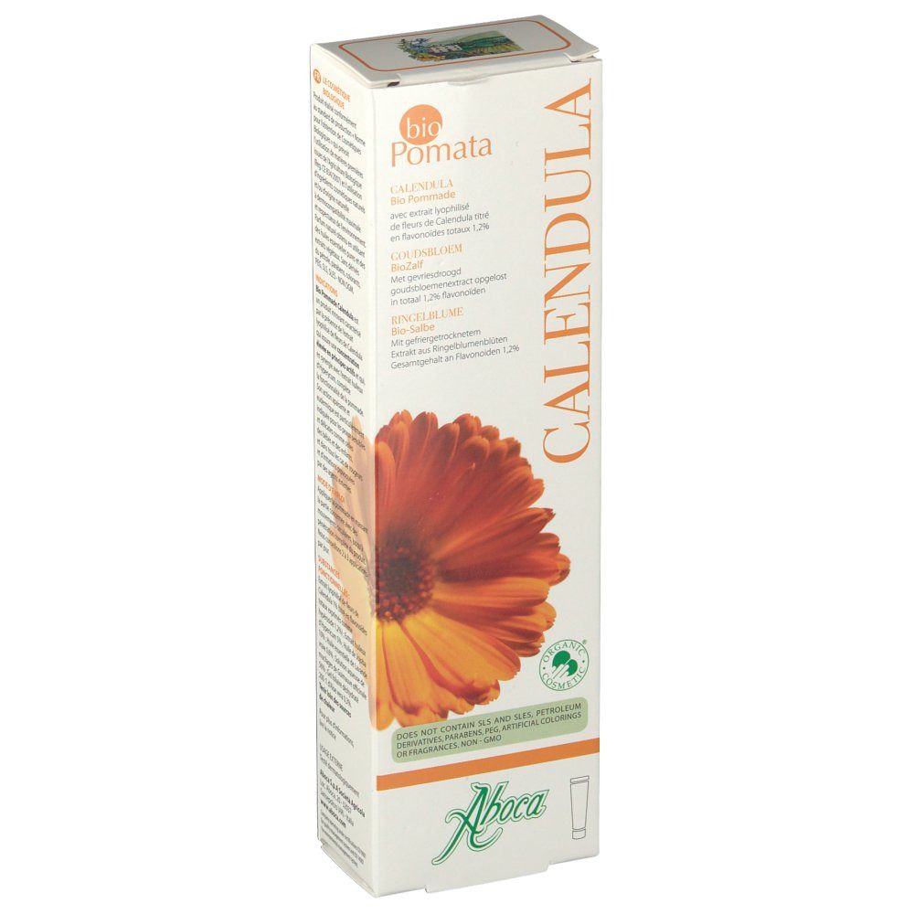 Schachtel mit "Calendula Bio Pomata" und Aboca-Logo. Abbildung einer Ringelblume. Grüne Zertifizierungsmarke.