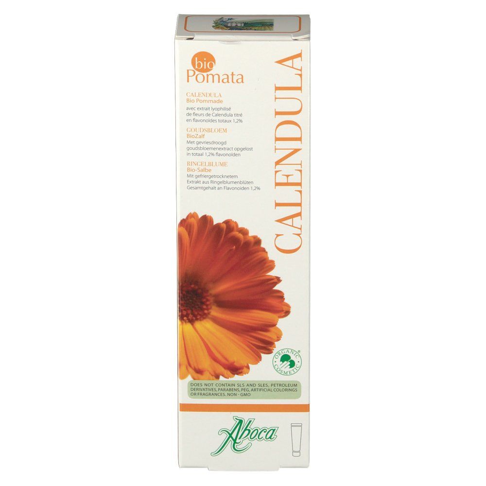Schachtel mit "Calendula Bio Pomata" und Aboca-Logo. Abbildung einer Ringelblume. Grüne Zertifizierungsmarke.