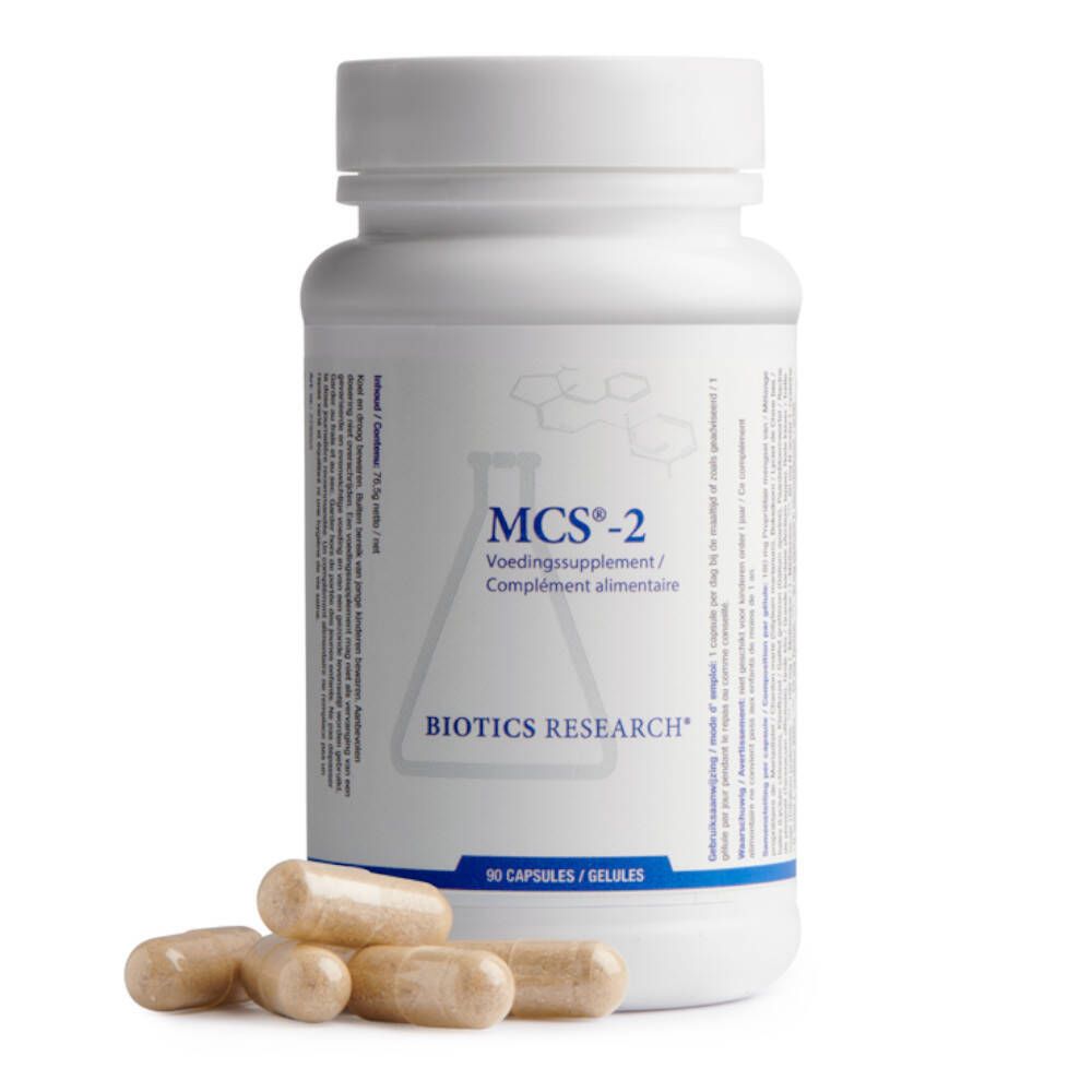 Flacon blanc MCS-2 Biotics et gélules. Inscription: Voedingssupplement/Complément alimentaire. 90 gélules. Marque: Biotics Research.
