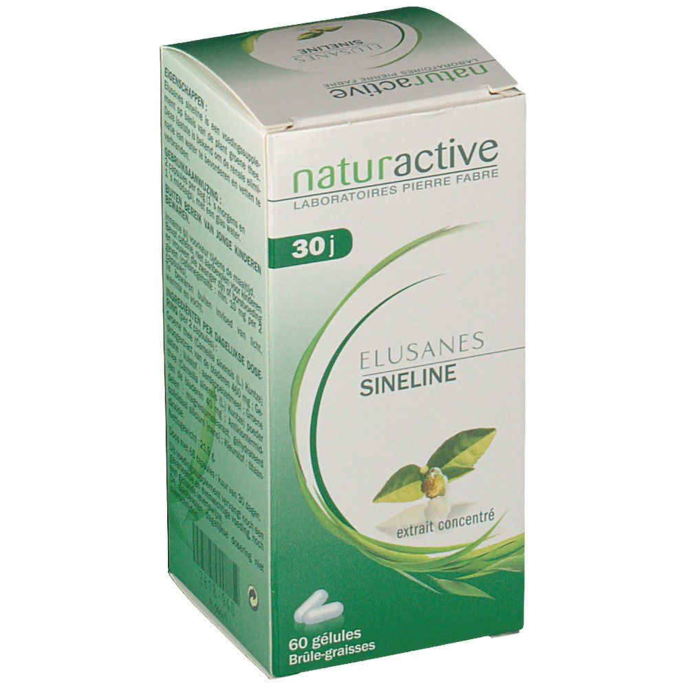 Schachtel mit Elusanes Sineline Kapseln. Aufschrift: Naturactive, 30 J, 60 Kapseln. Grün-weißes Design.