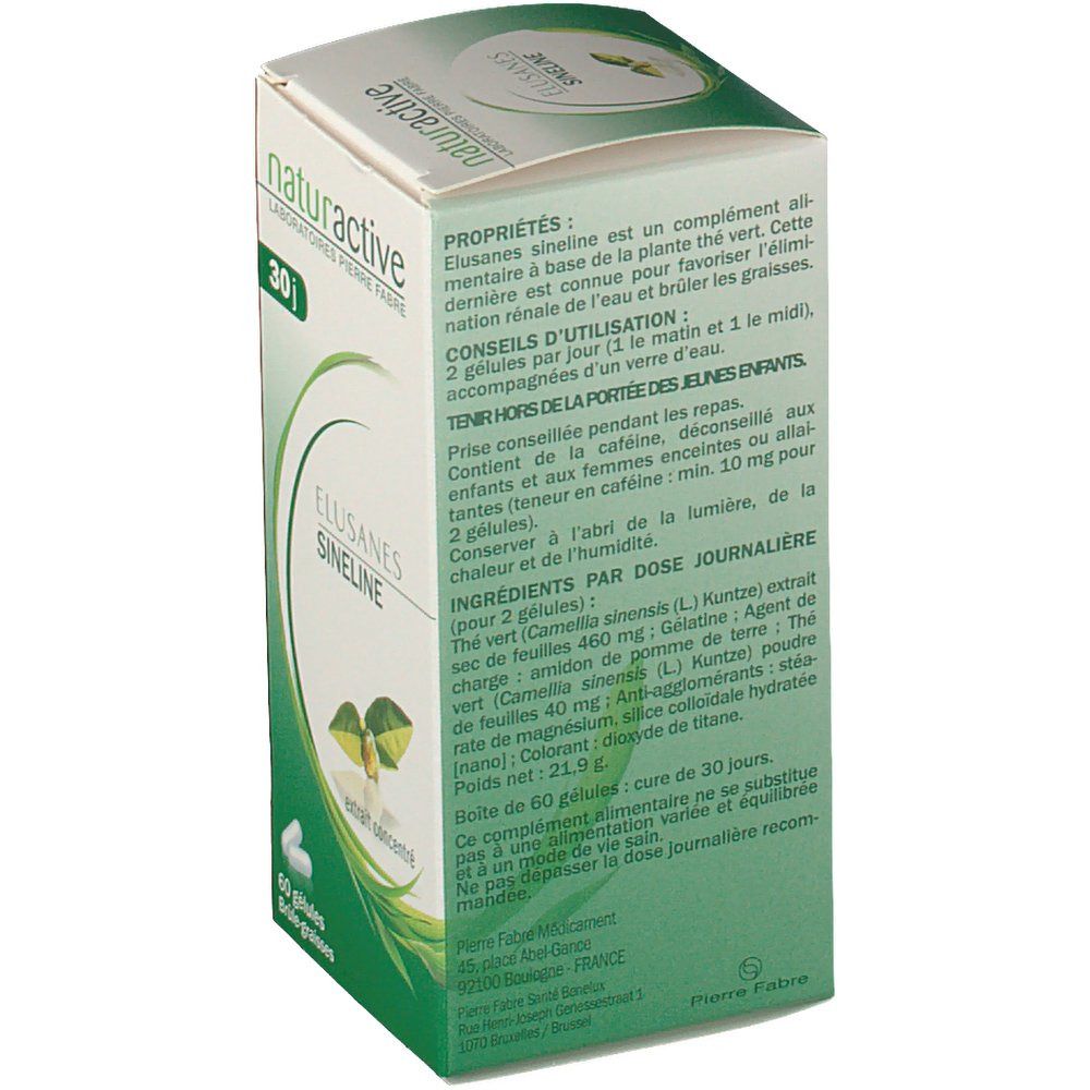 Rückseite der Elusanes Sineline Schachtel. Text in französischer Sprache. Grün-weißes Design.