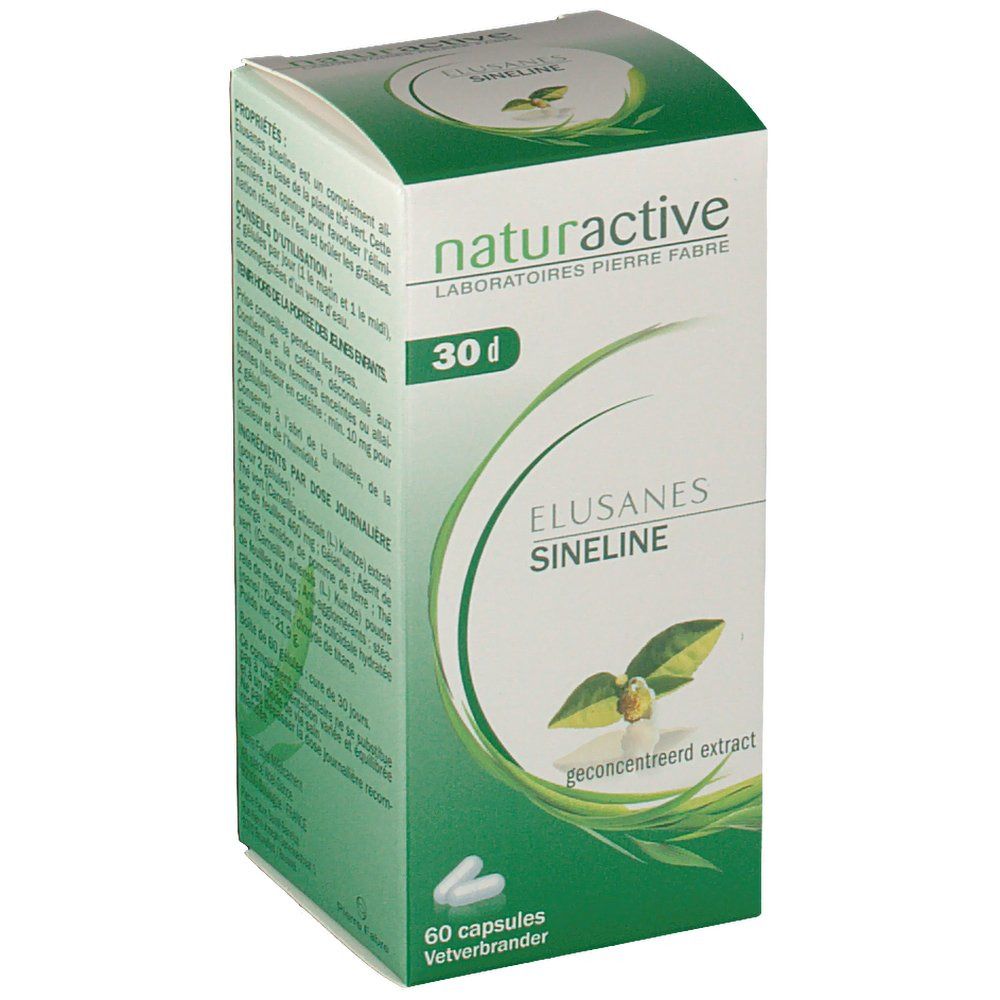 Elusanes Sineline Schachtel. Aufschrift: Naturactive, 30 d, 60 capsules. Grün-weißes Design.
