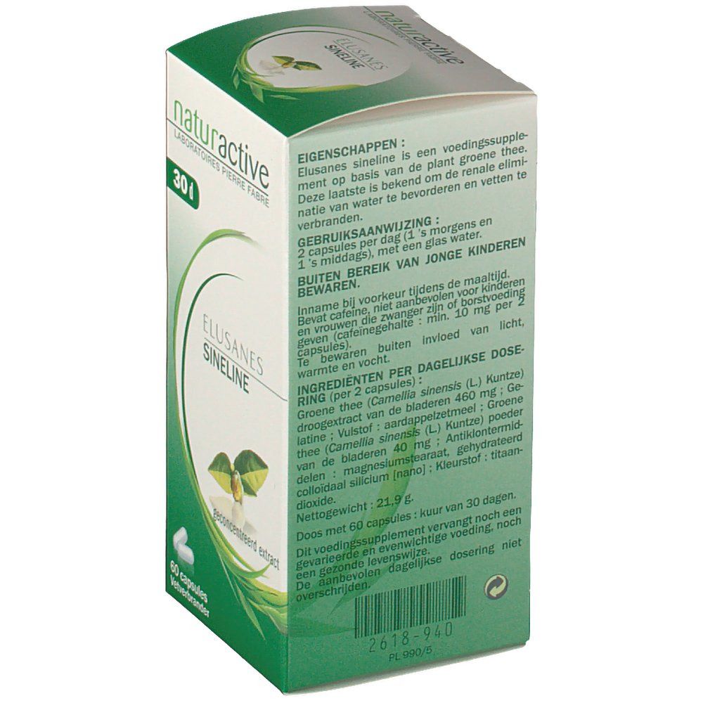 Rückseite der Elusanes Sineline Schachtel. Text in niederländischer Sprache. Grün-weißes Design.