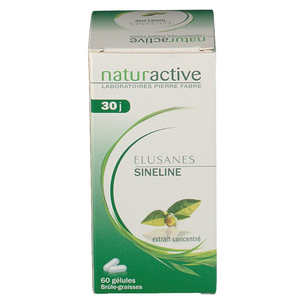Elusanes Sineline Schachtel. Aufschrift: Naturactive, 30 j, 60 gélules. Grün-weißes Design.