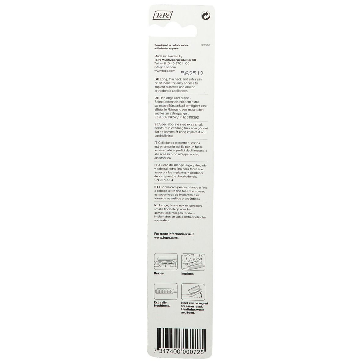 Rückseite der Blisterverpackung mit Produktinformationen und Barcode. Aufschrift: TePe.