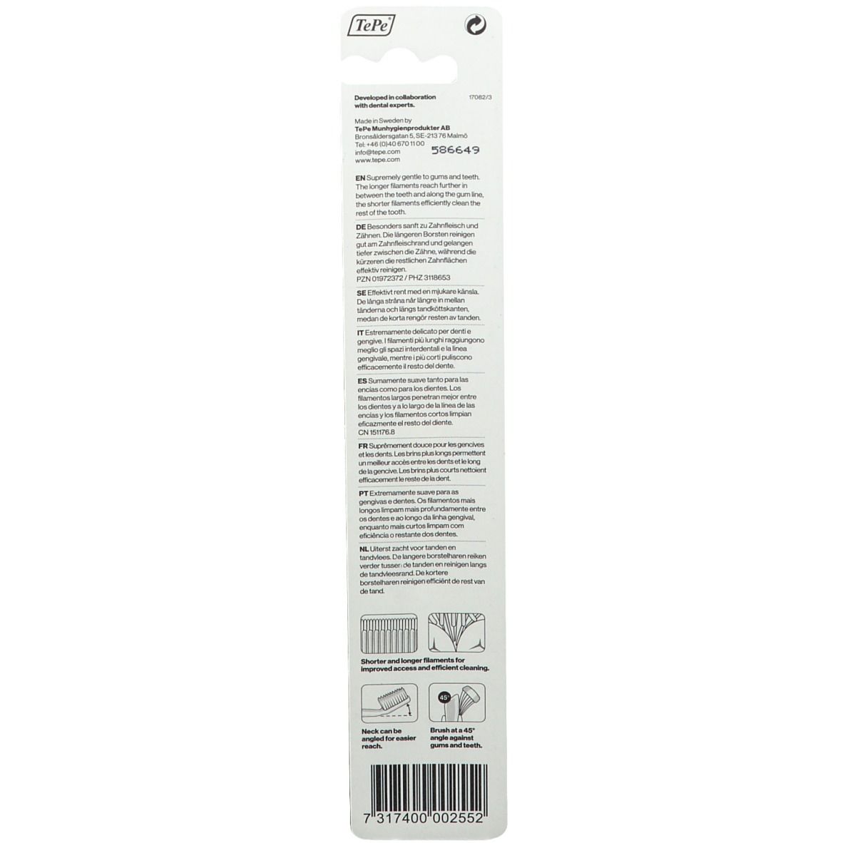 Rückseite der Blisterverpackung. Text und Grafiken zur Zahnbürste TePe SUPREME SOFT. Informationen in mehreren Sprachen.