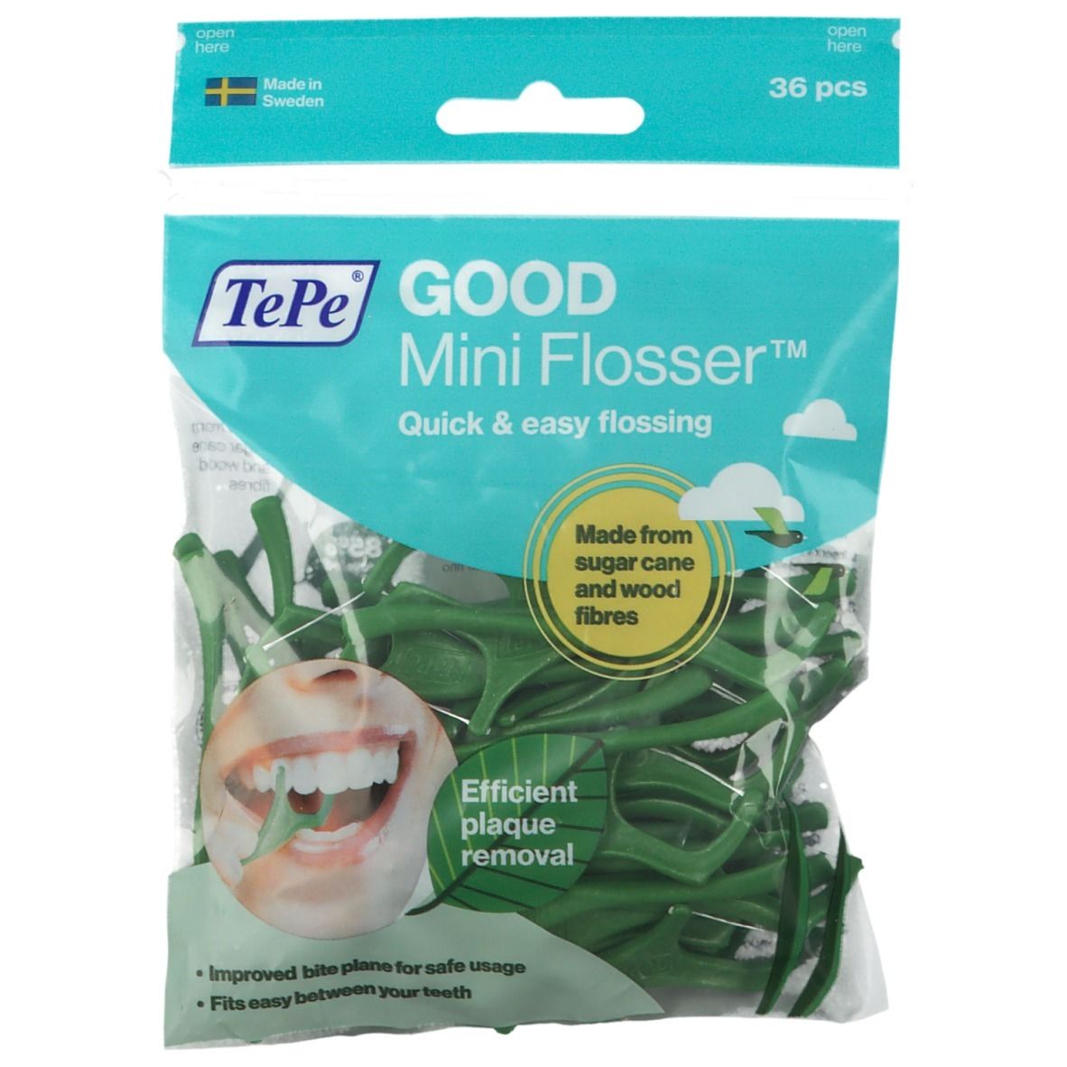 Verpackung mit grünen TePe Mini Flosser. 36 Stück. Aufdruck "GOOD Mini Flosser". Illustration eines Mundes.