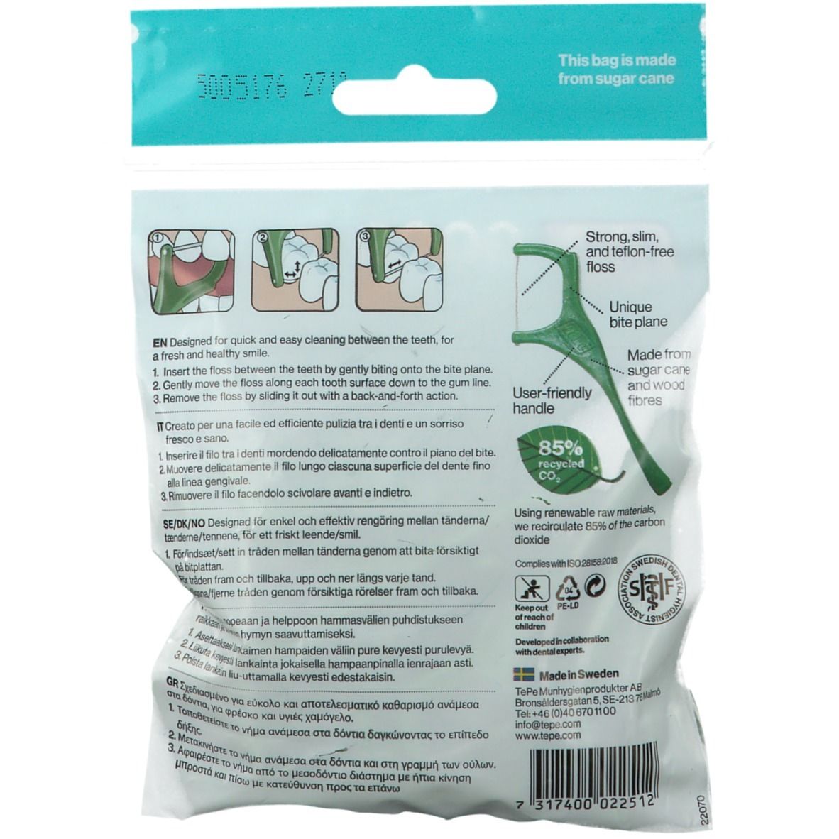 Rückseite der Verpackung. Illustrationen zur Anwendung. Text auf Englisch, Deutsch, Italienisch, Schwedisch und Griechisch. Siegel.