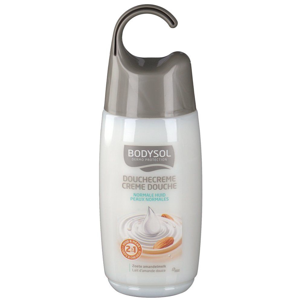 Flacon blanc et gris Bodysol. Crème douche Corps et Cheveux. Produit 2 en 1. Lait d'amande. Pour peaux normales.