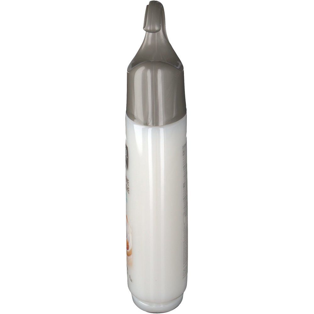 Flacon blanc et gris, vue latérale. Inscription illisible. Attache grise.