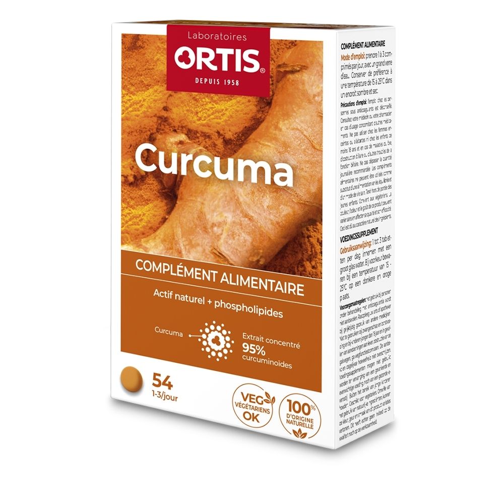 Boîte de complément alimentaire Ortis Curcuma avec image de racine de curcuma.