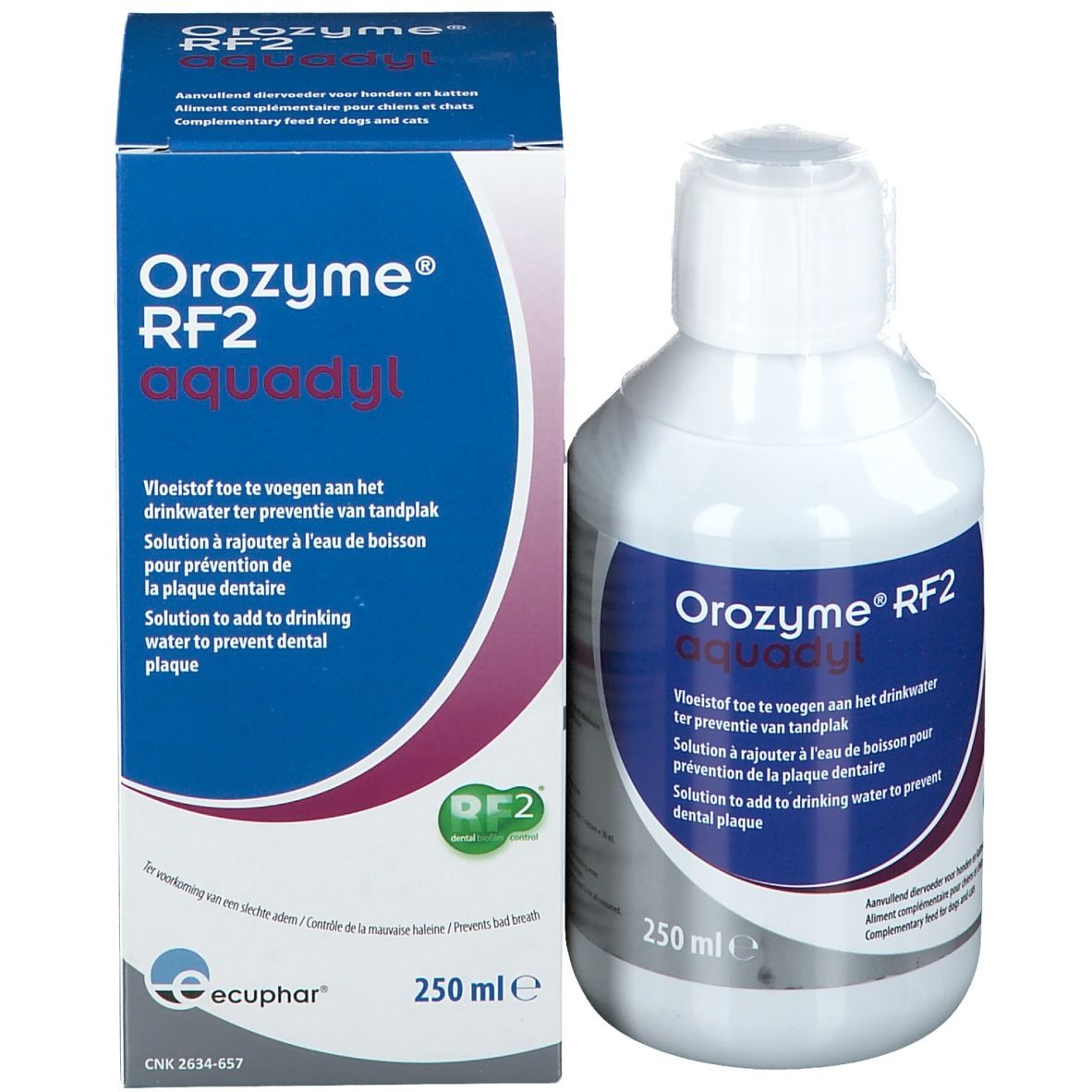 Weiße Flasche und Karton. Aufschrift: Orozyme® RF2 aquadyl. 250 ml. Ecuphar Logo.