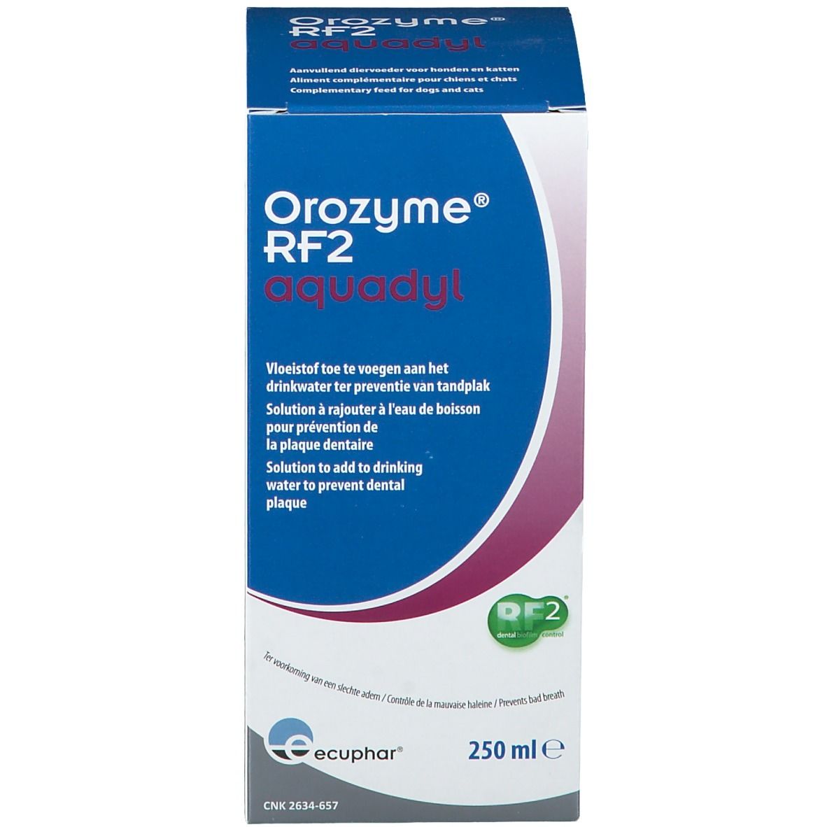 Karton mit Aufschrift: Orozyme® RF2 aquadyl. Ecuphar Logo. 250 ml.