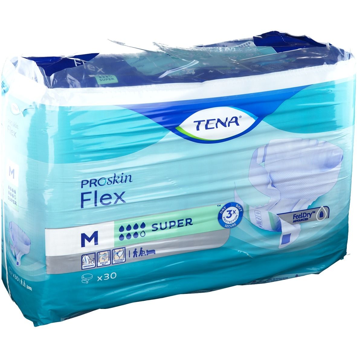 Verpackung von TENA ProSkin Flex Super M. Blaue Verpackung mit Produktinformationen und Logo. Größe M, 30 Stück.