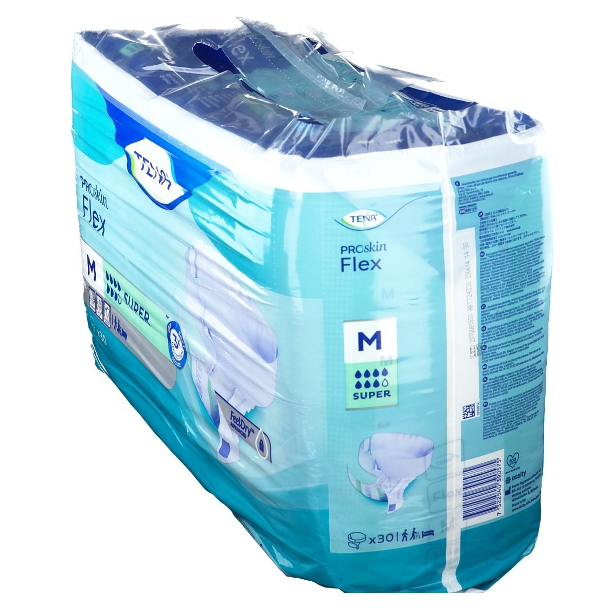 Verpackung von TENA ProSkin Flex Super M. Blaue Verpackung, schräg. Logo und Produktinformationen sichtbar. Größe M.