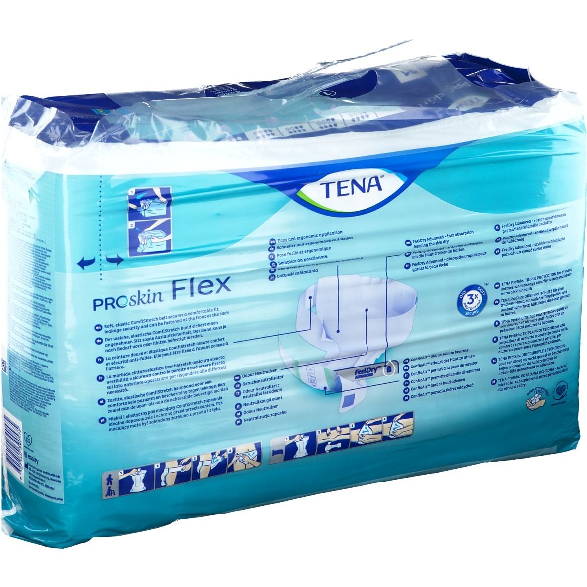 Verpackung von TENA ProSkin Flex. Blaue Verpackung mit Produktinformationen und Illustrationen. Rückseite mit Text.