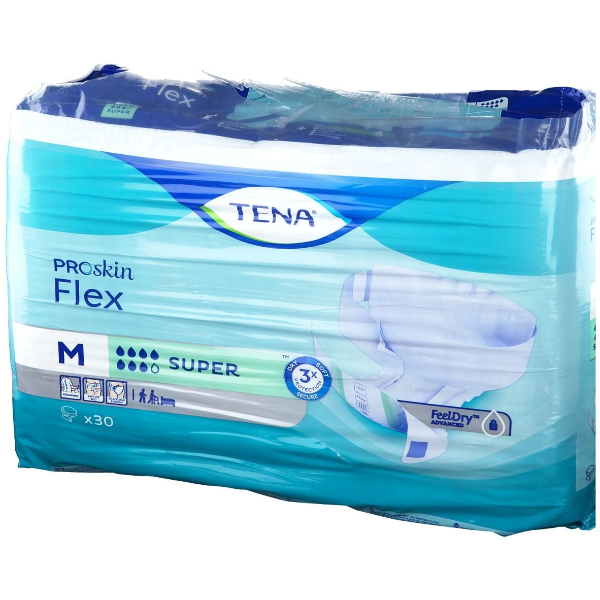 Verpackung von TENA ProSkin Flex Super M. Blaue Verpackung mit Produktinformationen und Logo. Größe M, x30.