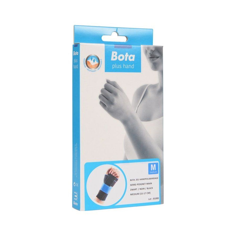 Vue de face de l'emballage de l'orthèse de poignet Bota 201. Boîte avec image du produit, taille M et nom du produit.