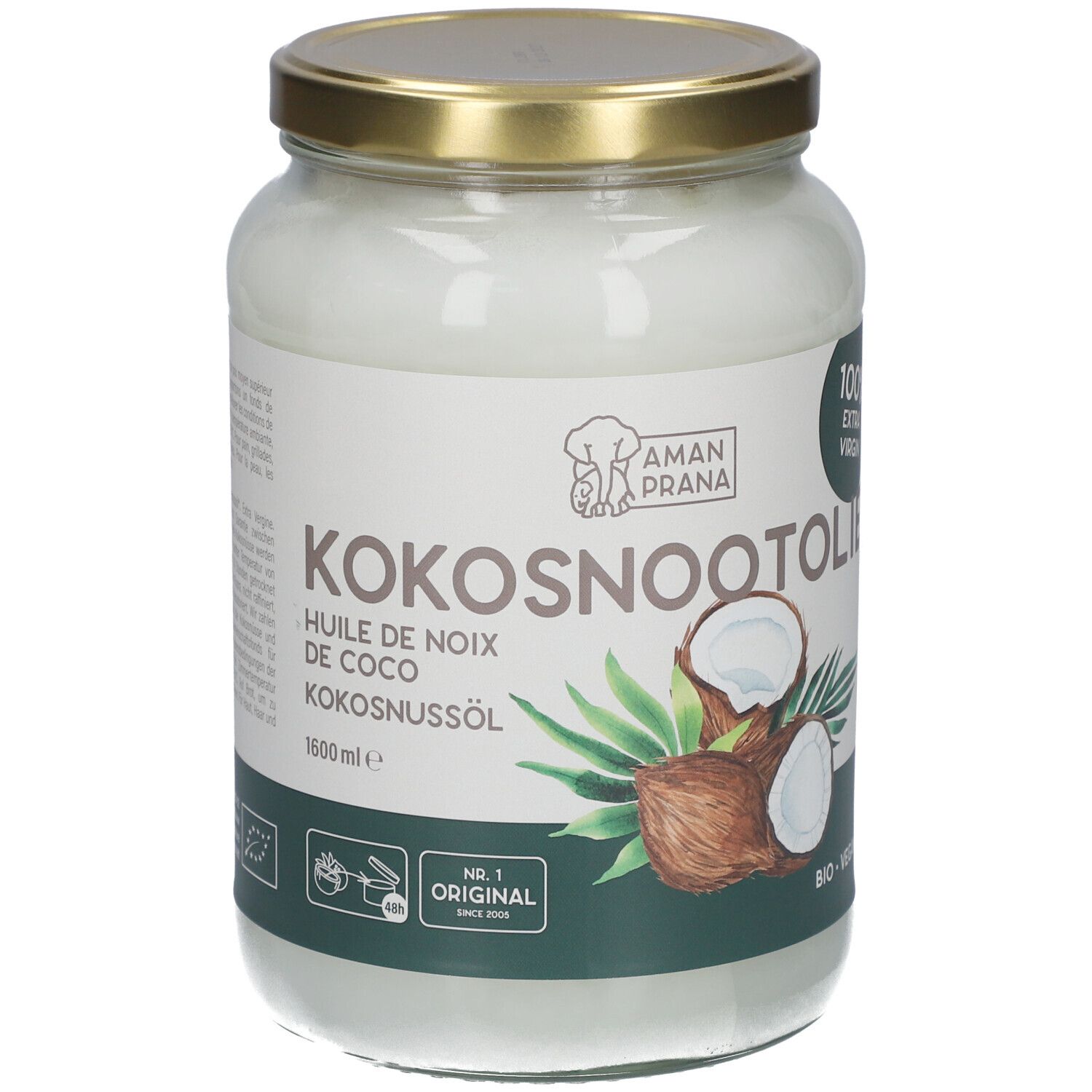 Pot en verre d'huile de noix de coco. Inscription : Kokosnootolie, 1600 ml. Avec label bio et illustration de noix de coco.