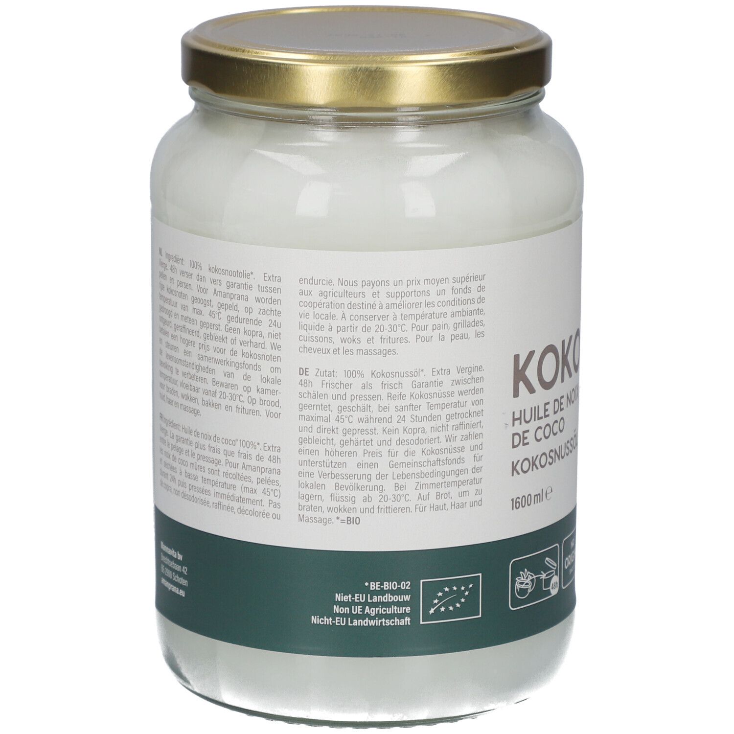 Dos du pot en verre d'huile de noix de coco. Texte multilingue. Label bio et autres informations.