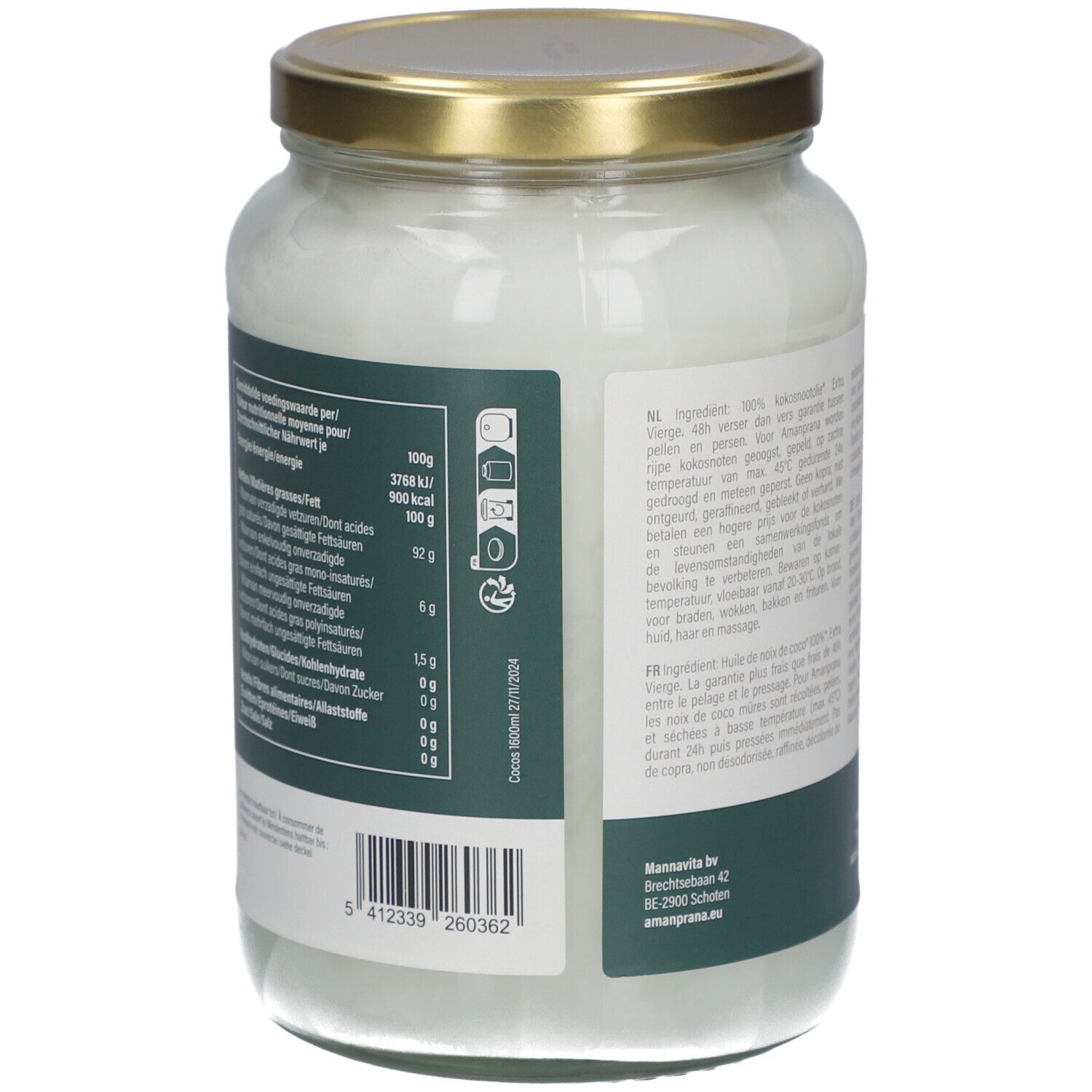 Dos du pot en verre d'huile de noix de coco. Informations nutritionnelles, code-barres et label bio.