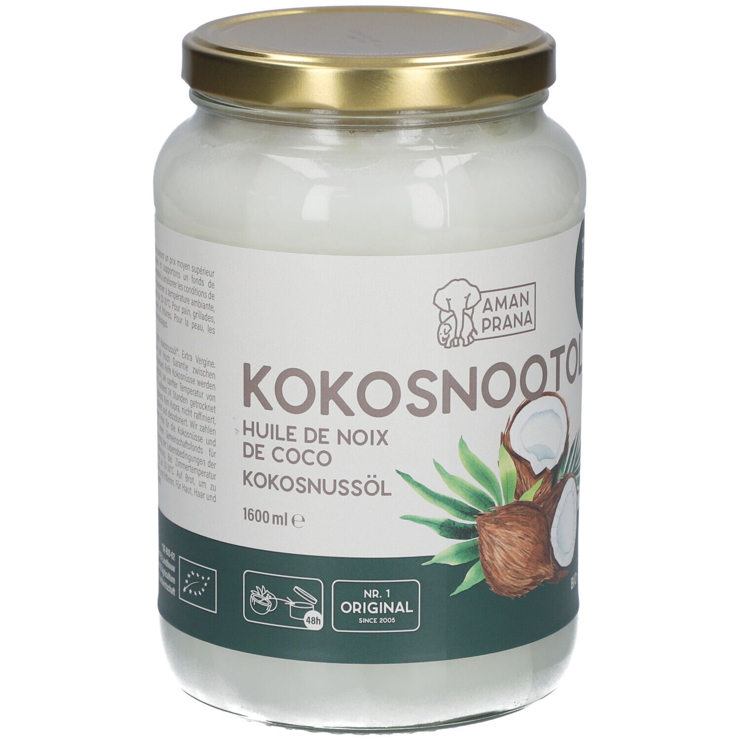 Pot en verre d'huile de noix de coco. Inscription : Kokosnootolie, 1600 ml. Avec label bio et illustration de noix de coco.