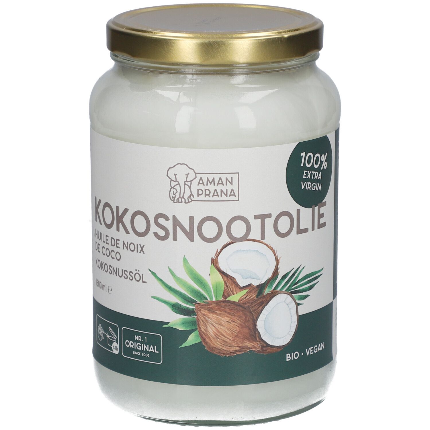 Pot en verre d'huile de noix de coco. Inscription : Kokosnootolie, 1600 ml, 100% extra vierge. Avec labels bio et vegan.