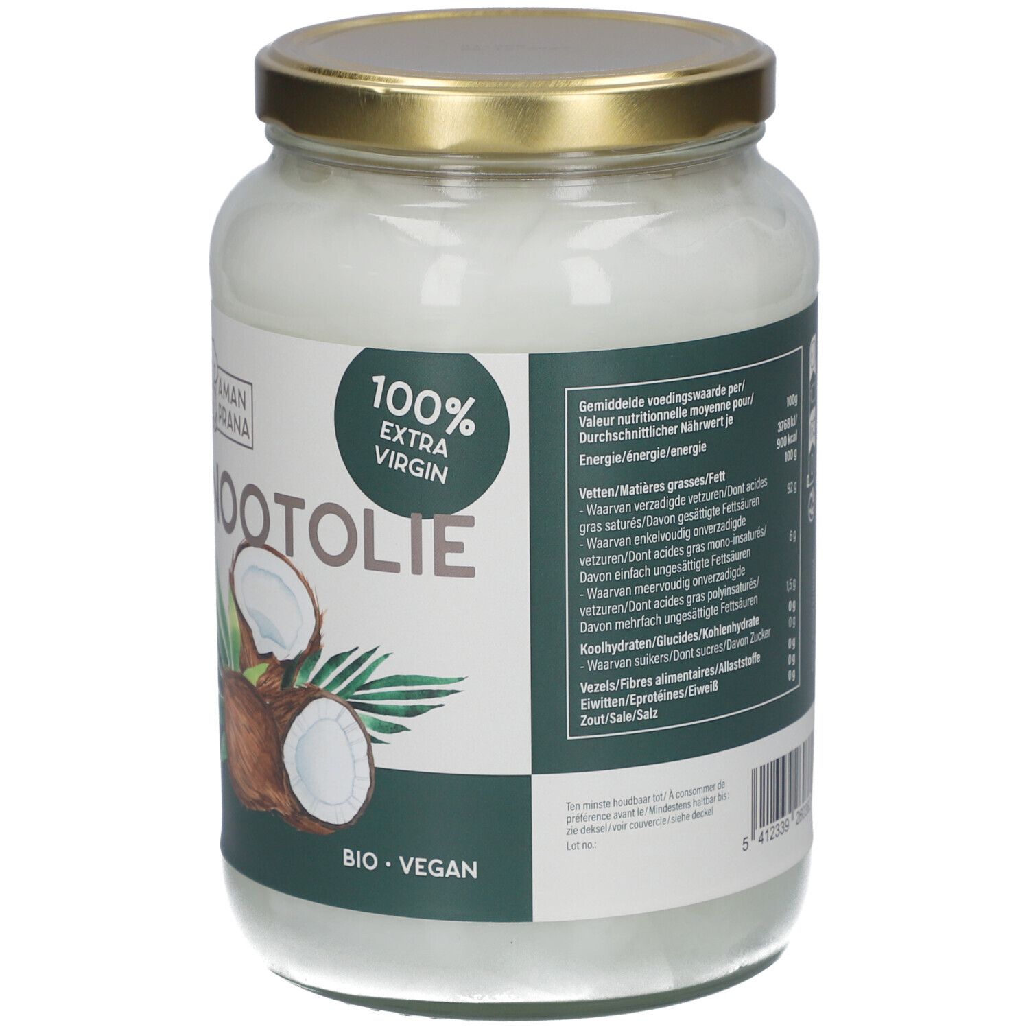 Pot en verre d'huile de noix de coco. Inscription : Kokosnootolie, 100% extra vierge. Avec labels bio et vegan.