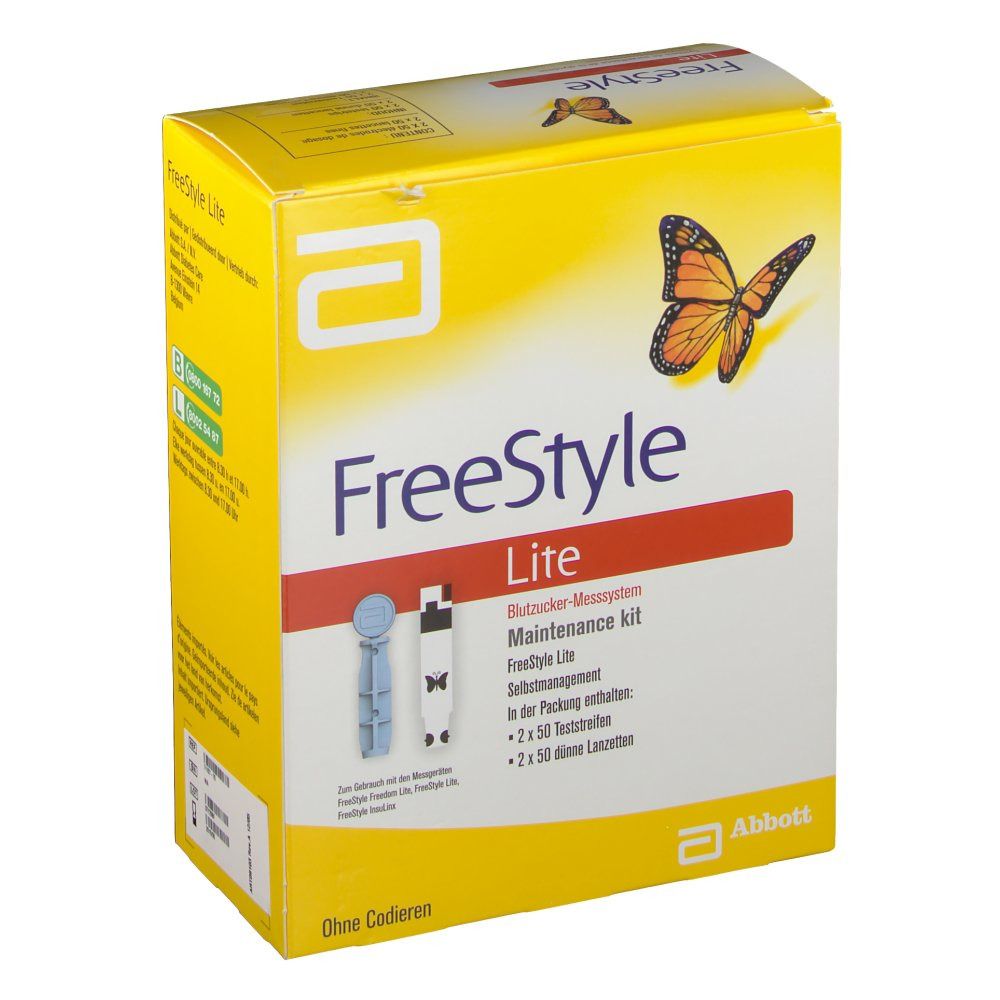 Gelbe Freestyle Lite Verpackung. Enthält Blutzucker-Messsystem. Abbott-Logo. Mit 2x50 Teststreifen.