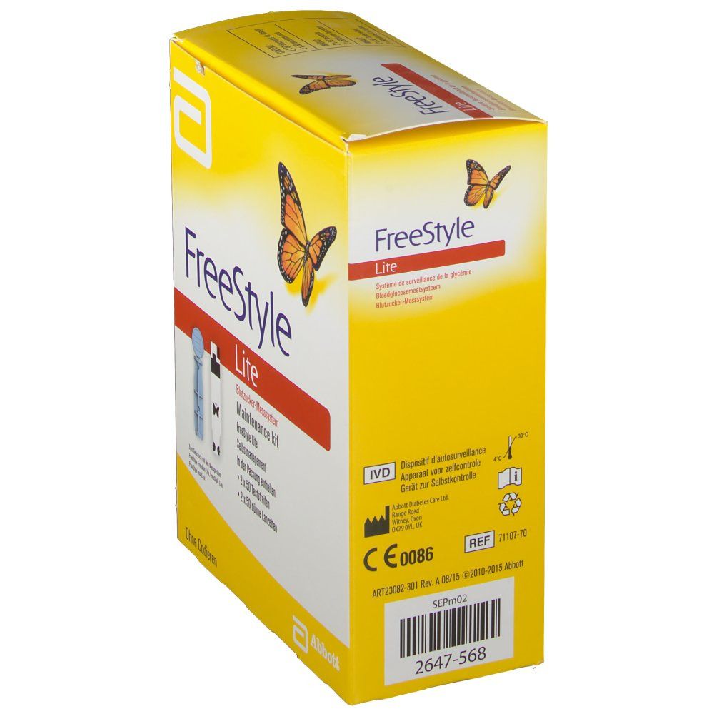 Gelbe Freestyle Lite Verpackung. Enthält Teststreifen. Schmetterling-Grafik. CE-Kennzeichnung. Abbott-Logo.