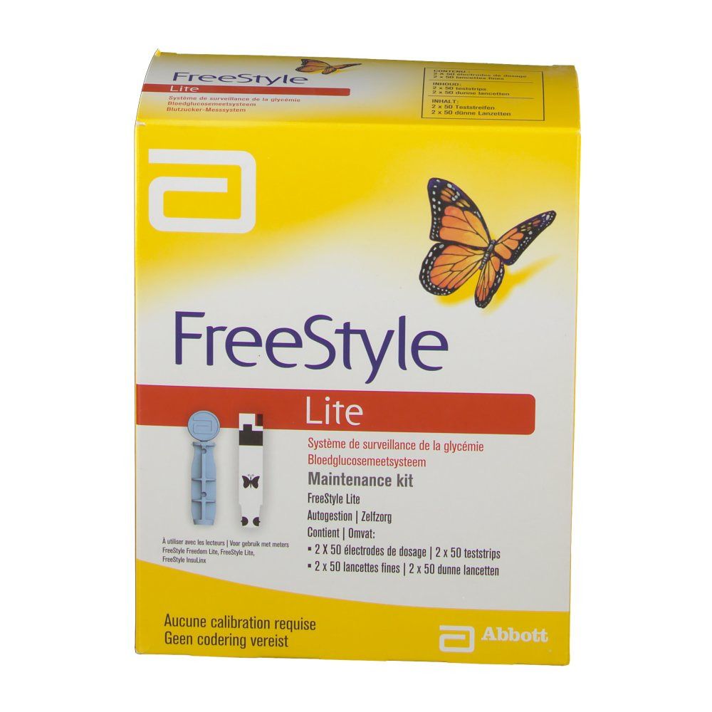 Gelbe Freestyle Lite Verpackung. Blutzucker-Messsystem. Enthält Teststreifen. Abbott-Logo. Keine Kalibrierung.