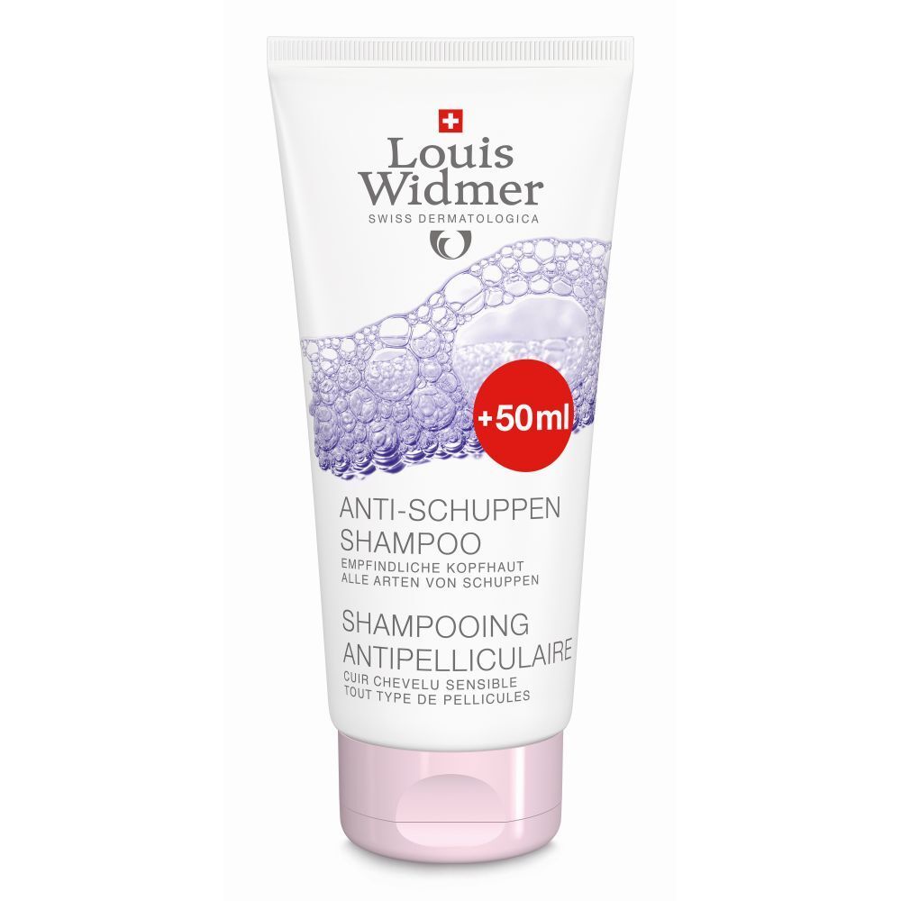 Tube blanche et rose avec nom du produit et '+50ml'. Texte: Shampooing antipelliculaire. Logo suisse.