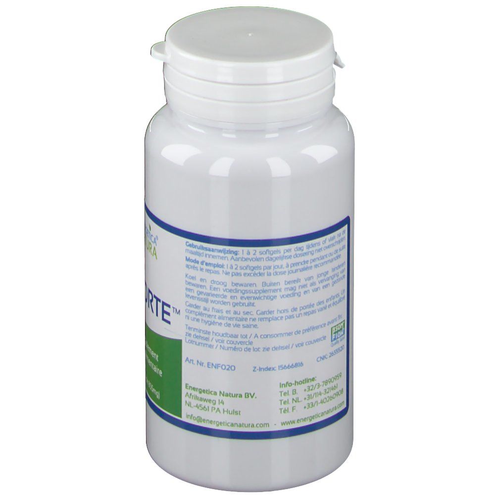 Rückansicht einer weißen Flasche. Text in mehreren Sprachen. Marke: Energetica Natura.