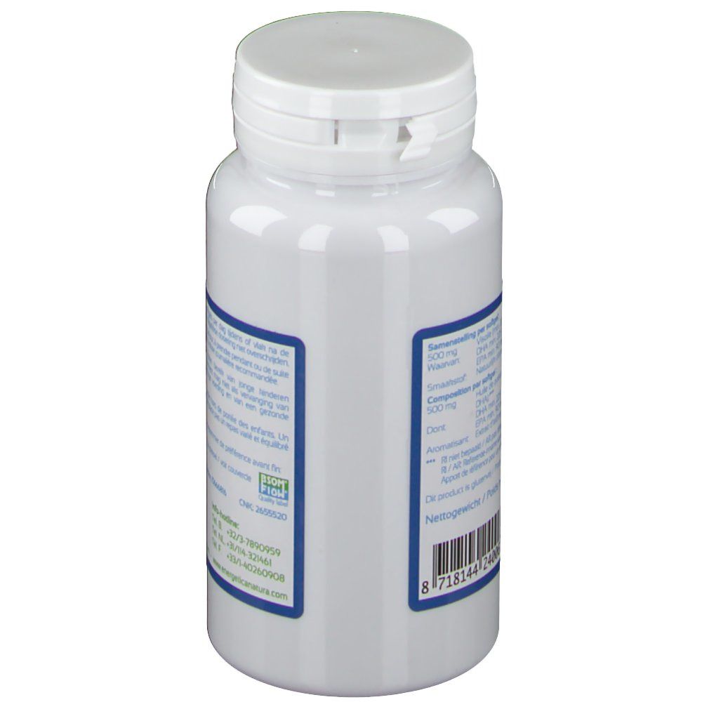 Seitenansicht einer weißen Flasche. Text in mehreren Sprachen. Marke: Energetica Natura.