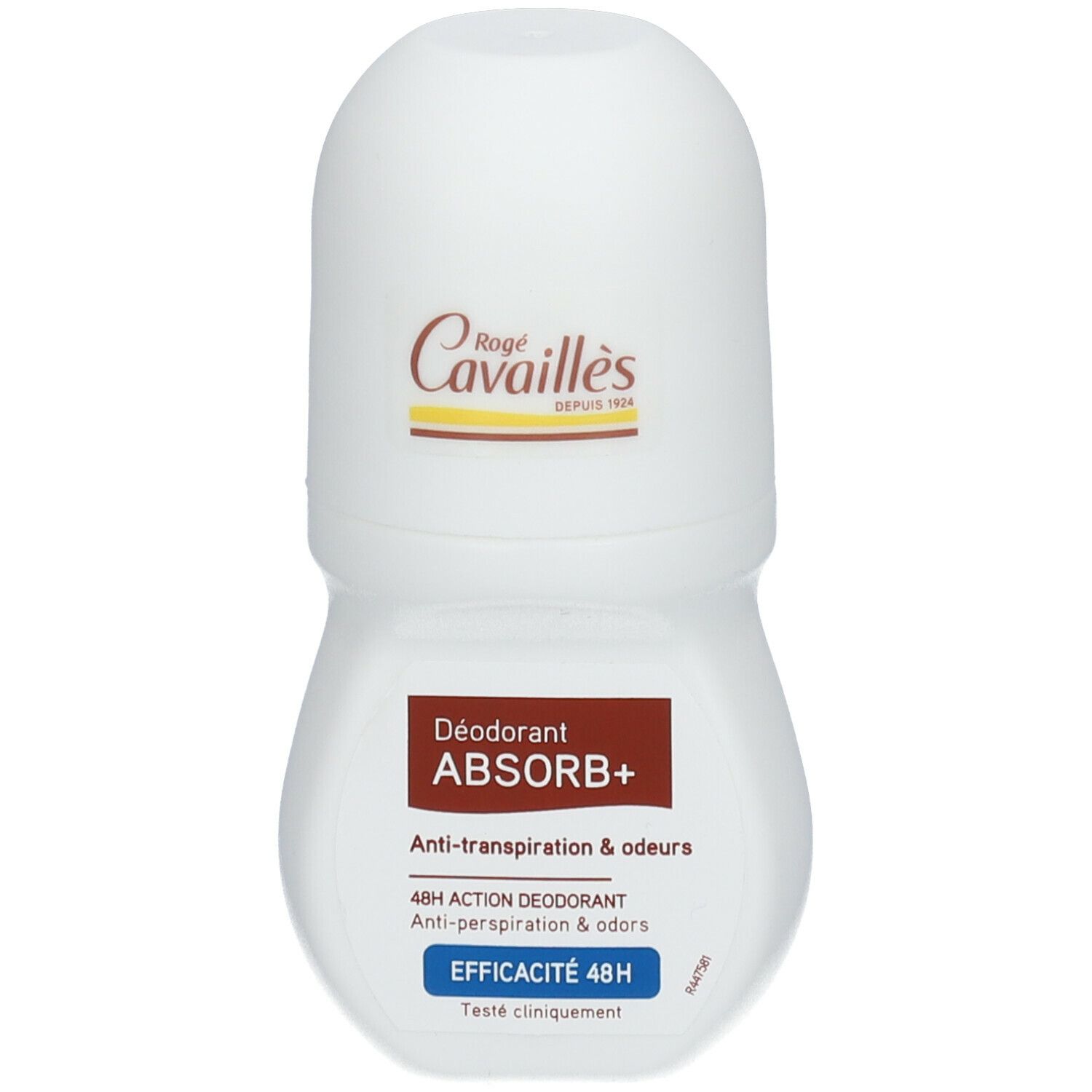Weißer Roll-On-Deo mit braunem Etikett. Aufschrift: Rogé Cavaillès, Déodorant ABSORB+, 48H. Blauer Schriftzug: Efficacité 48H.