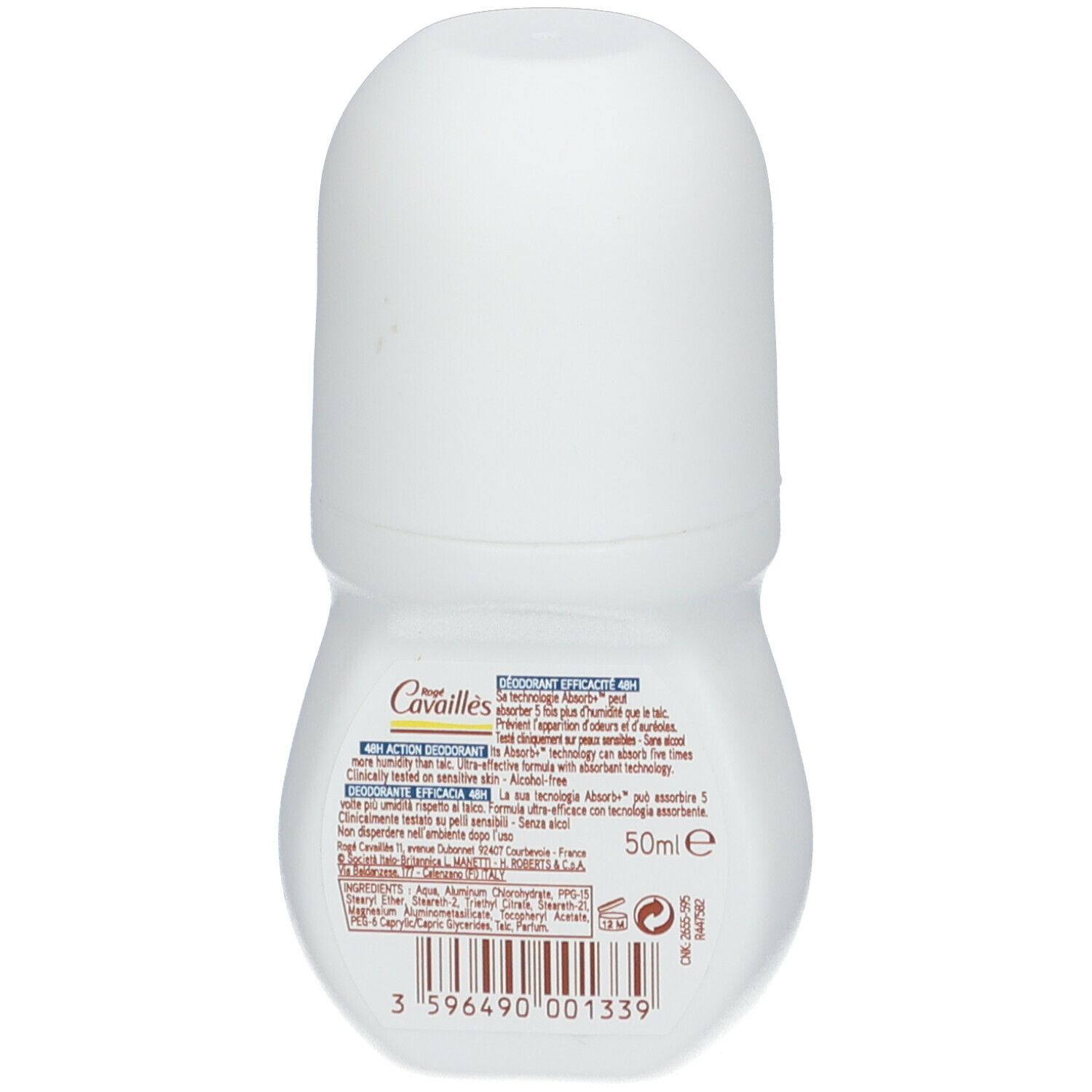 Rückseite eines weißen Roll-On-Deos. Aufschrift: Rogé Cavaillès, Déodorant Efficacité 48H. Enthält 50ml. Mit Barcode und Herstellerinformationen.