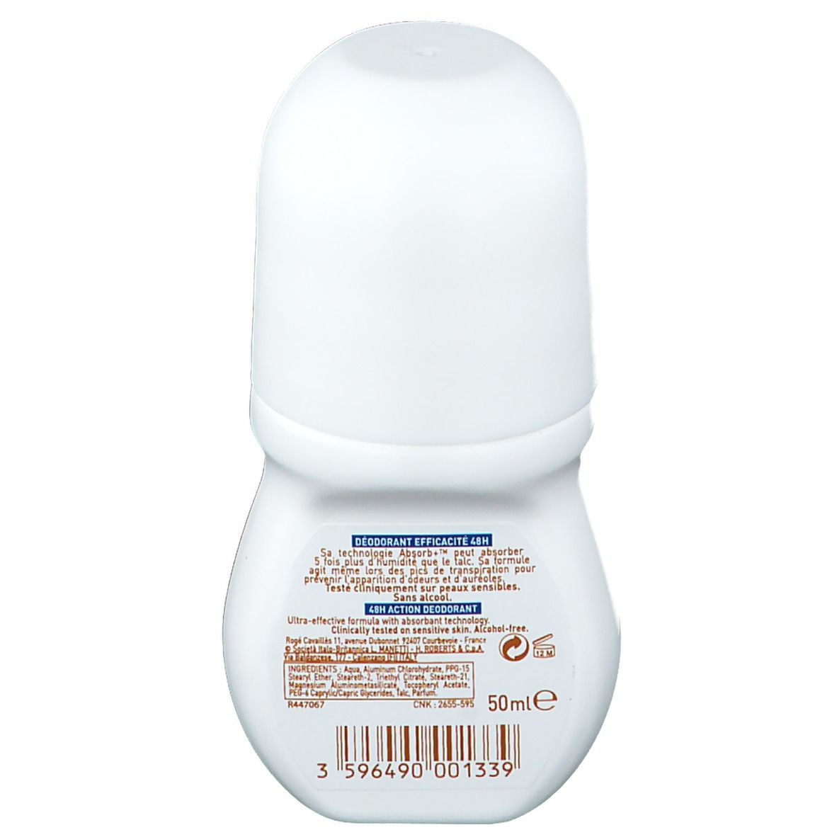 Rückseite eines weißen Roll-On-Deos. Aufschrift: Rogé Cavaillès, Déodorant Efficacité 48H. Enthält 50ml. Mit Barcode und Herstellerinformationen.