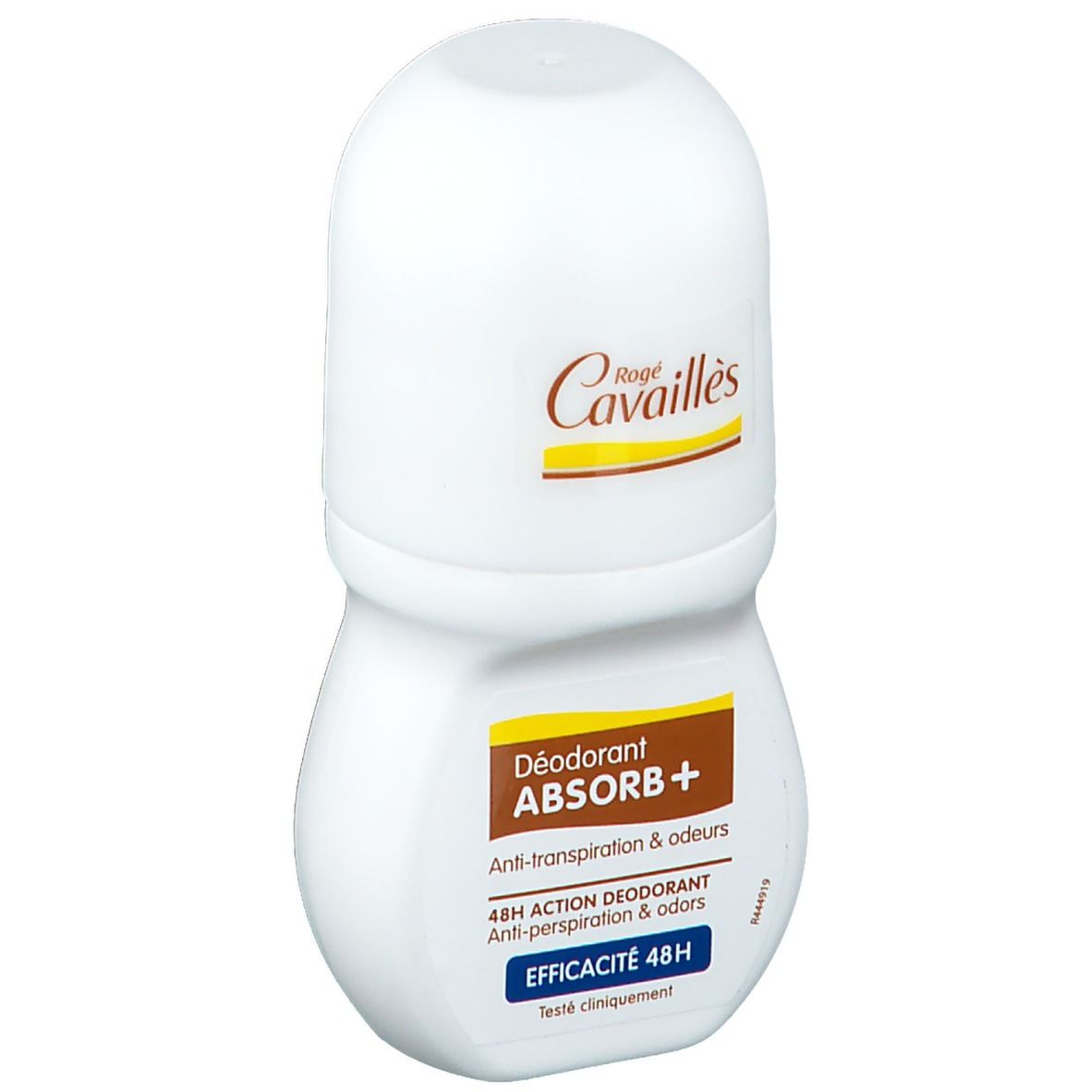 Weißer Roll-On-Deo mit gelb-braunem Etikett. Aufschrift: Rogé Cavaillès, Déodorant ABSORB+, 48H. Blauer Schriftzug: Efficacité 48H.