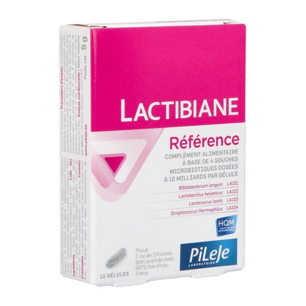 PiLeje Lactibiane Référence: Boîte de 10 gélules, complément alimentaire à base de 4 souches microbiotiques.